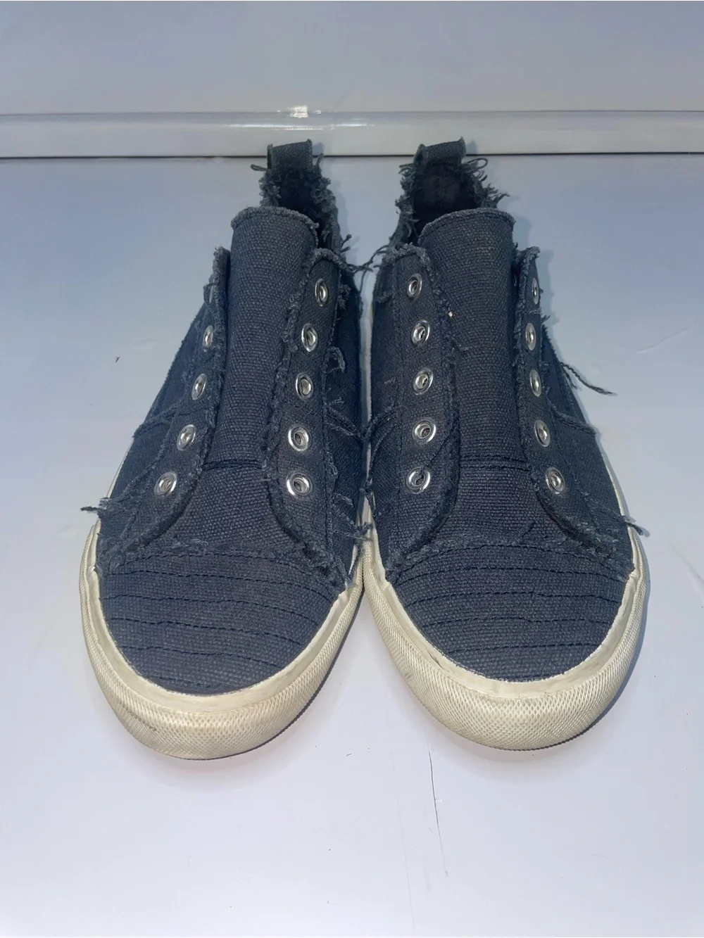 Corkys Women's Frayed Slip-On Sneakers in Navy size 8